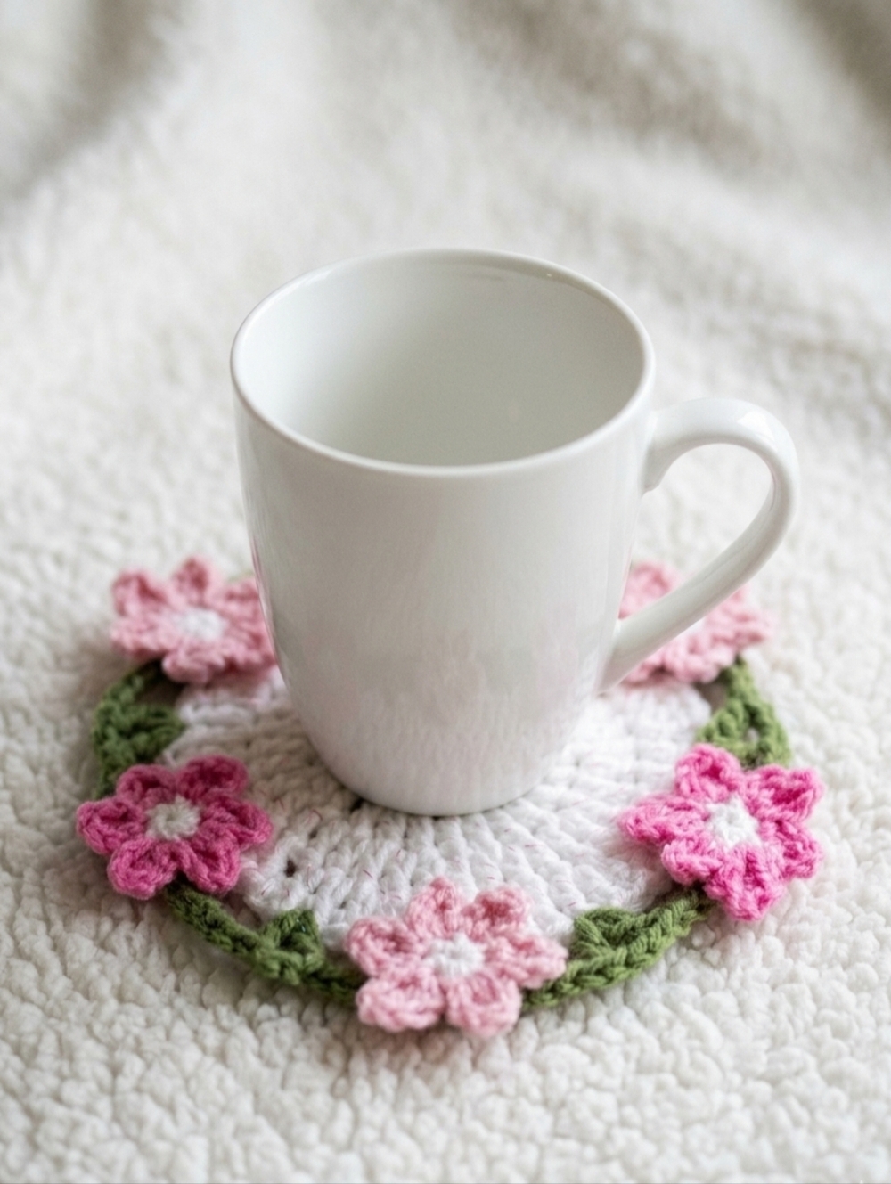 Handmade Pink Floral Crochet Coffee Coaster - White Center - Picture 3 of 3